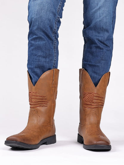 Men's Casual Retro American Flag Element High-Top Embroidered Retro Wide-Toe Western Cowboy Boots
