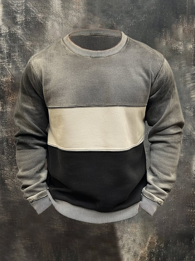 Men'S Vintage Distressed Colorblock Round Neck Long-Sleeved Sweatshirt
