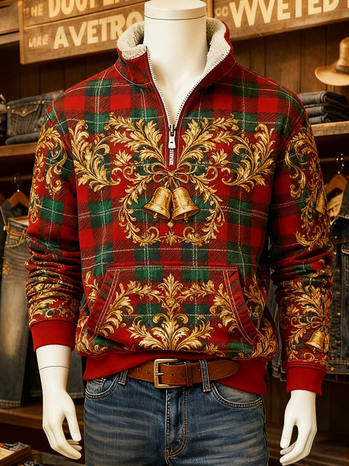 Men's Vintage Christmas Holiday Quarter Zip Fur Collar Sweatshirt