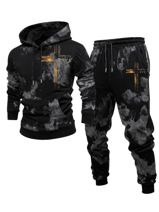 Men's Casual Black & Gray Color Matching Printed Hoodies Long Sleeved Sweatshirts & Sweatpants Two-Piece Set