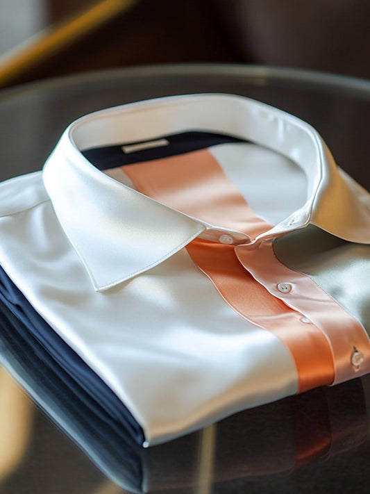Men's Business Casual Striped Color Block Lapel Short Sleeve Shirt