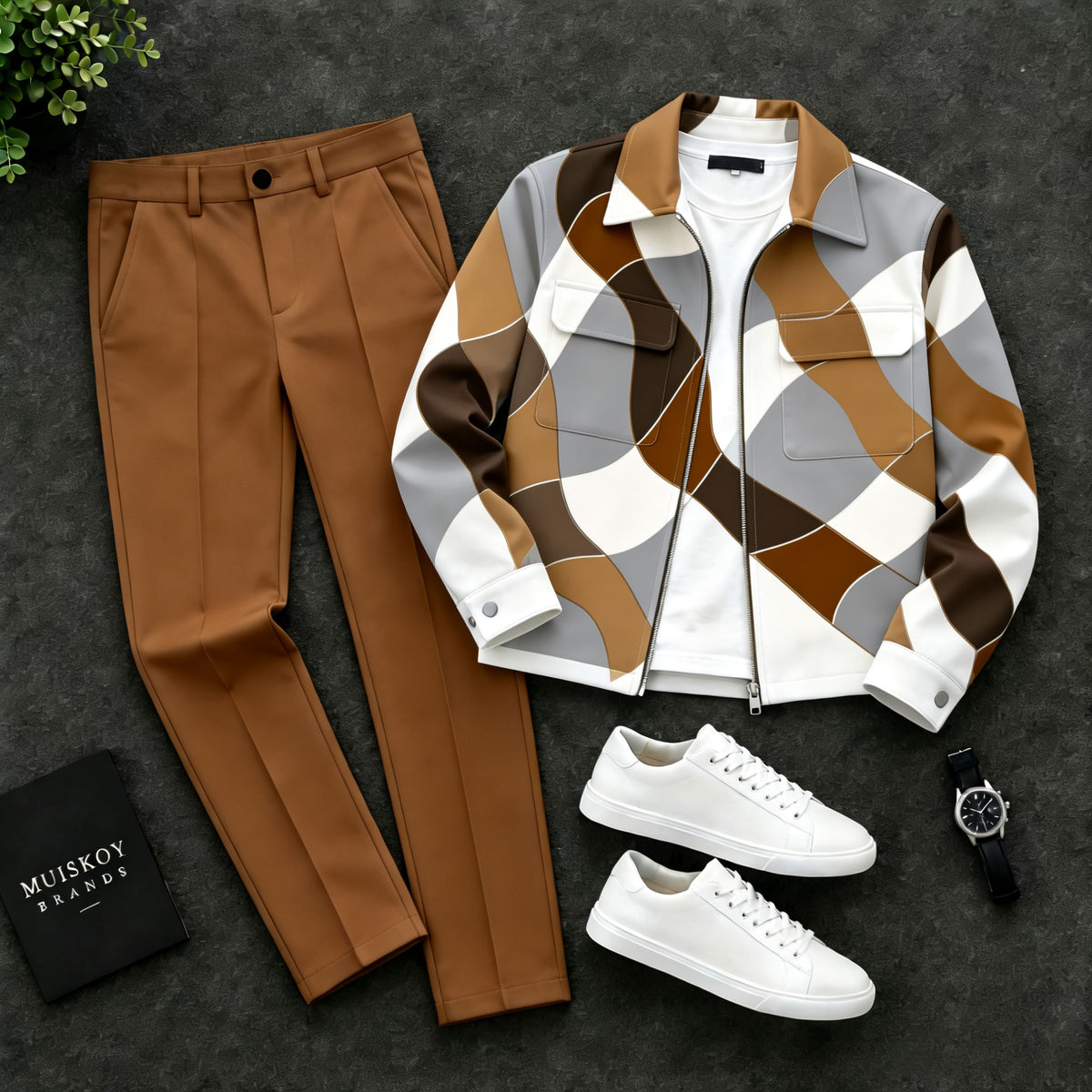 Men's Geometric Wavy Jacket and Pants Two-Piece Set