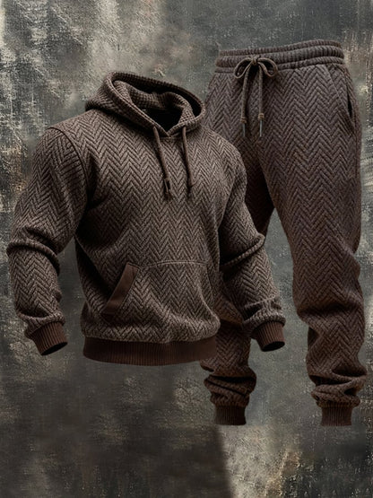 Men's Fashion Herringbone Textured Hooded Casual Sweatshirt Suit