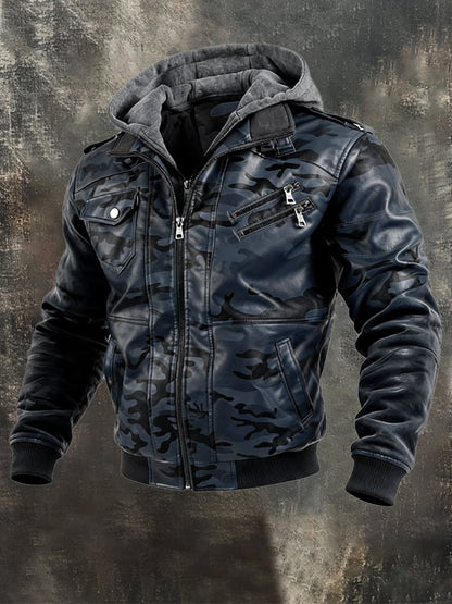Men's Vintage Camouflage Leather Multi-Pocket Outdoor Jacket