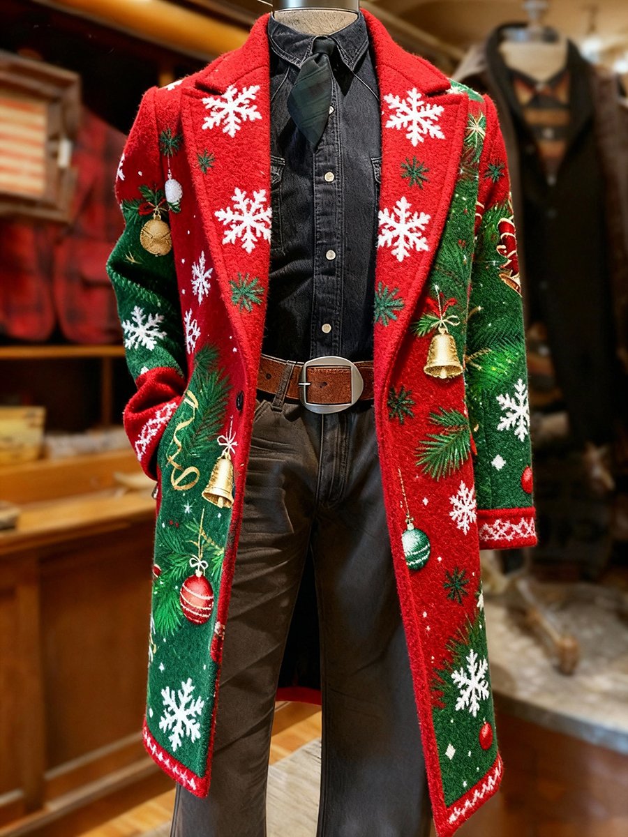 Men's Business Christmas Snowflake Bell Long Wool Coat