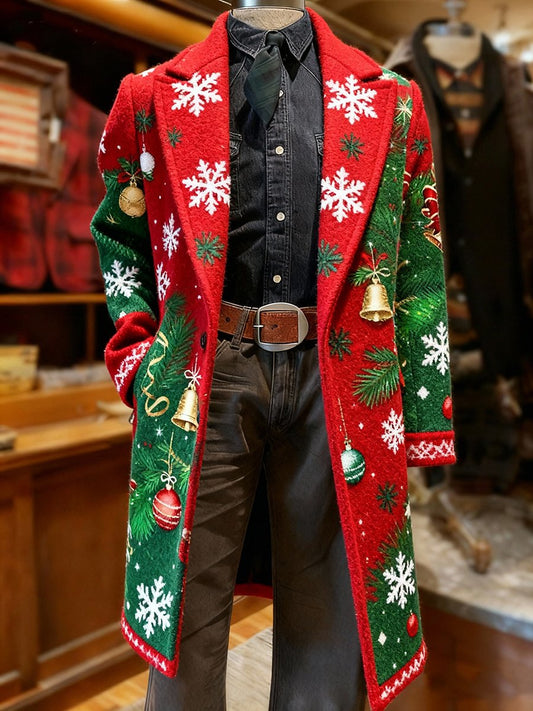 Men's Business Christmas Snowflake Bell Long Wool Coat
