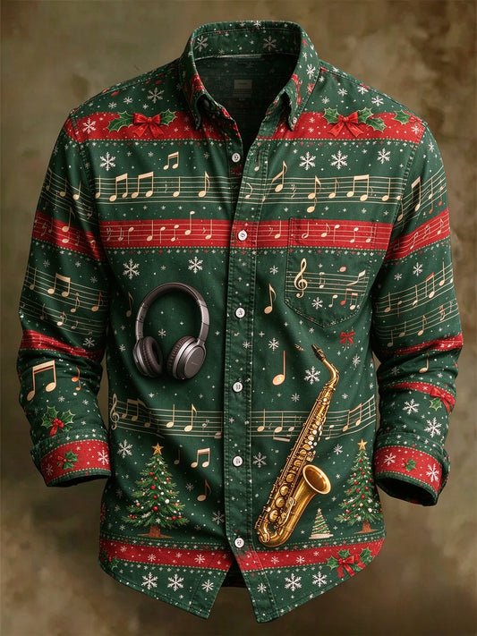 Men's Christmas Music Note Saxophone Long Sleeve Button Up Holiday Shirt