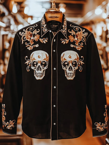 Men's Retro Casual Skull Print Long Sleeve Shirt