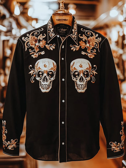 Men's Retro Casual Skull Print Long Sleeve Shirt