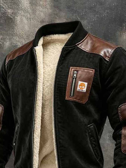 Men'S Vintage Suede And Leather Panel Fleece-Lined Warm Outdoor Jacket