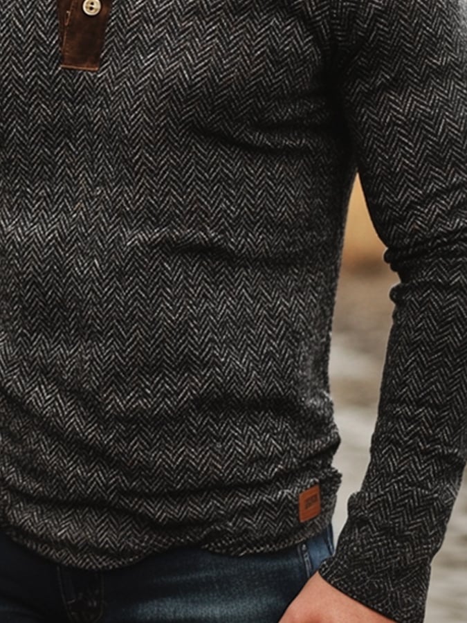 Men's Retro Casual Herringbone Colorblock Long Sleeve Henley Shirt