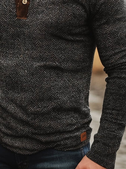 Men's Retro Casual Herringbone Colorblock Long Sleeve Henley Shirt