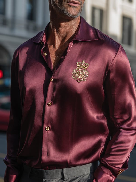 Men's Satin Luxe Crown Logo Button Long Sleeve Shirt