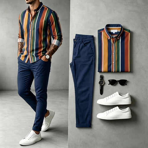Men's Two-Tone Long-Sleeve Shirt and Pants Set