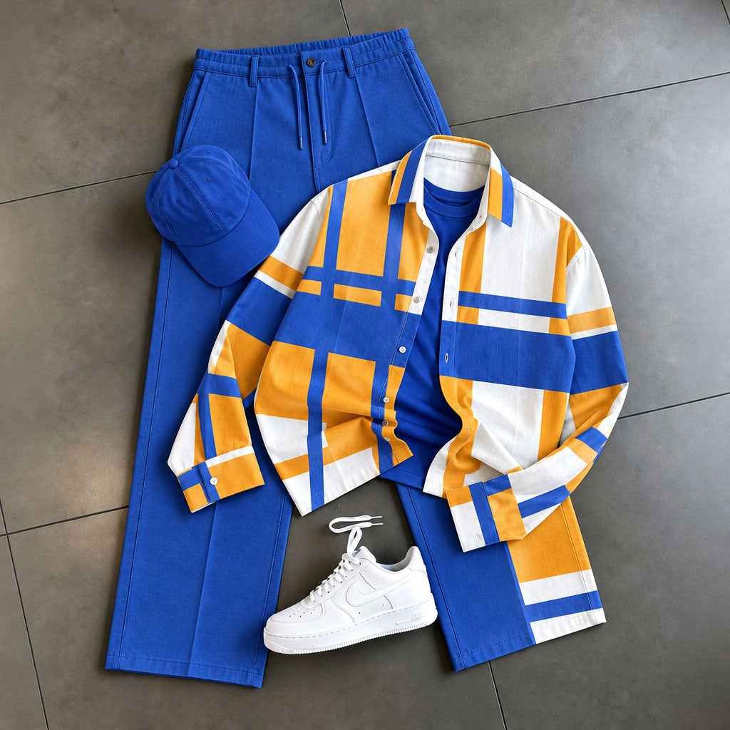 Men's Checkered Print Shirt and Pants Set