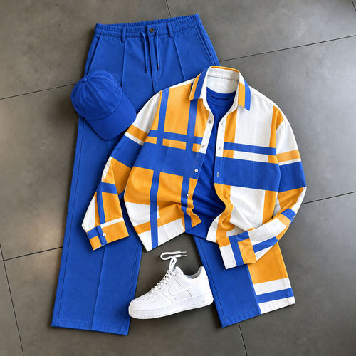 Men's Checkered Print Shirt and Pants Set