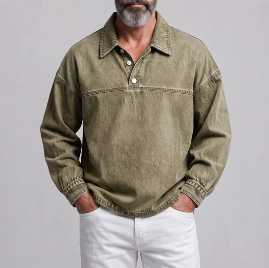 Men's Retro Solid Color Turndown Collar Button Half Placket Casual Sweatshirt