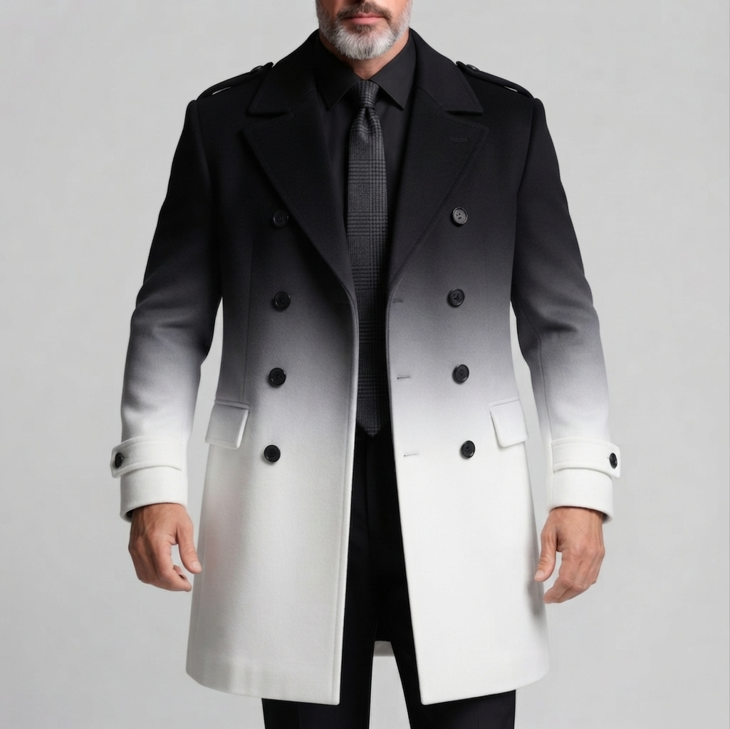 Men's Black And White Gradient Double Breasted Notch Lapel Woolen Trench Coat