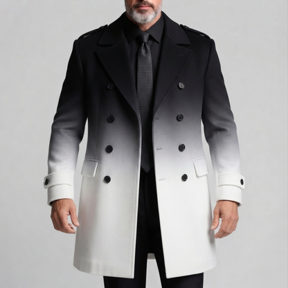 Men's Black And White Gradient Double Breasted Notch Lapel Woolen Trench Coat