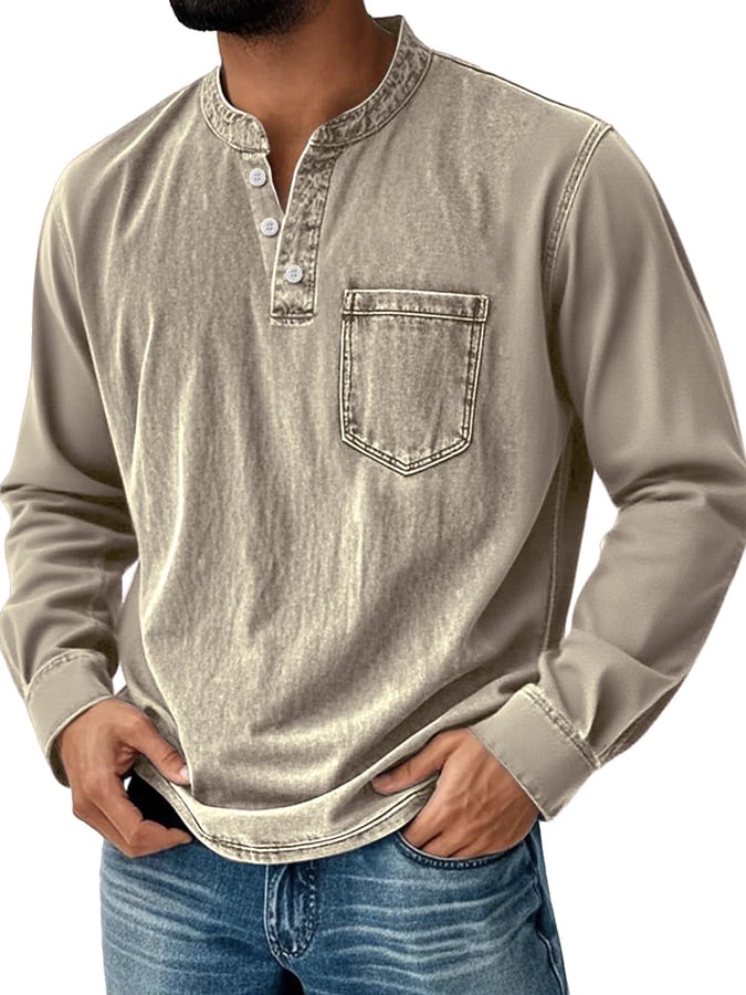 Men's Vintage Basic Distressed Long Sleeve Henley Shirt