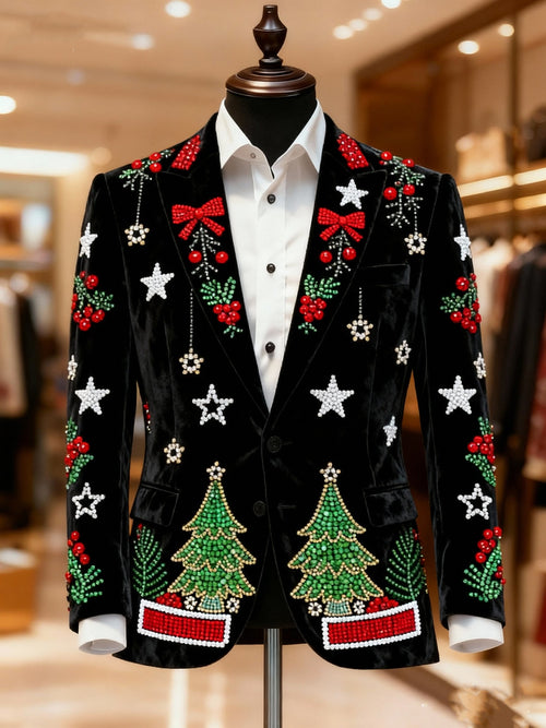 Men's Christmas Tree Casual Print Large Pocket Blazers