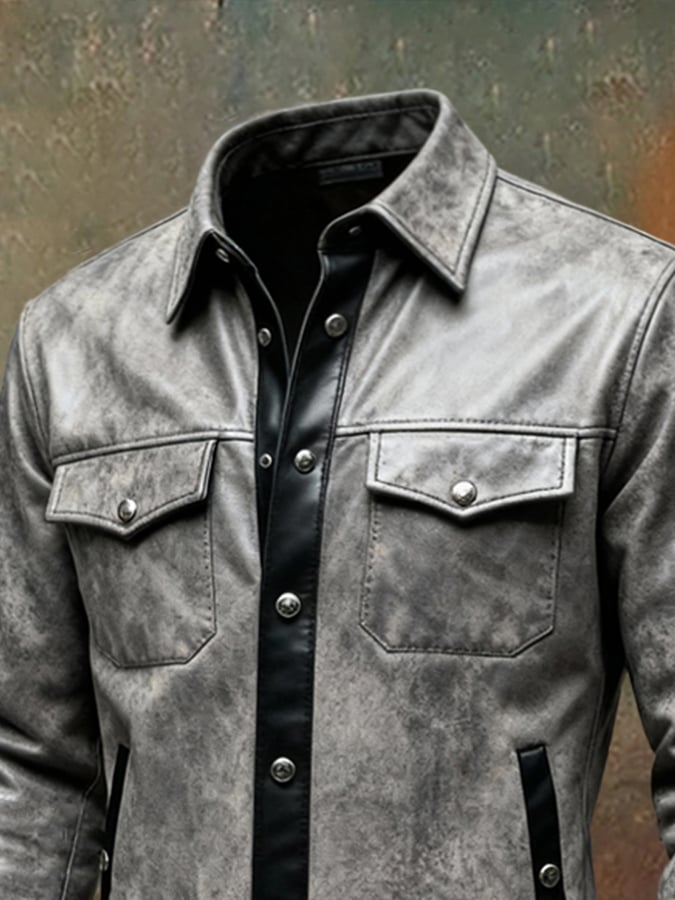 Men'S Vintage Soft Leather Patchwork Contrast Color Long Sleeve Shirt