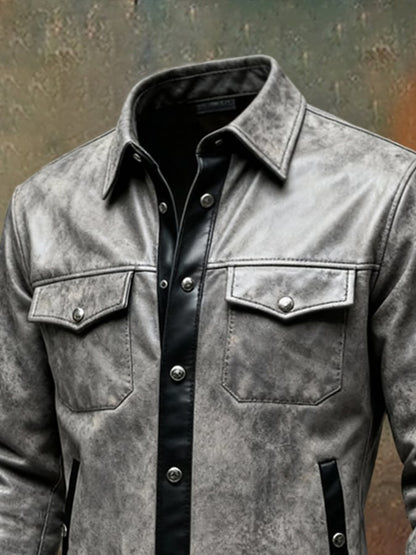 Men'S Vintage Soft Leather Patchwork Contrast Color Long Sleeve Shirt