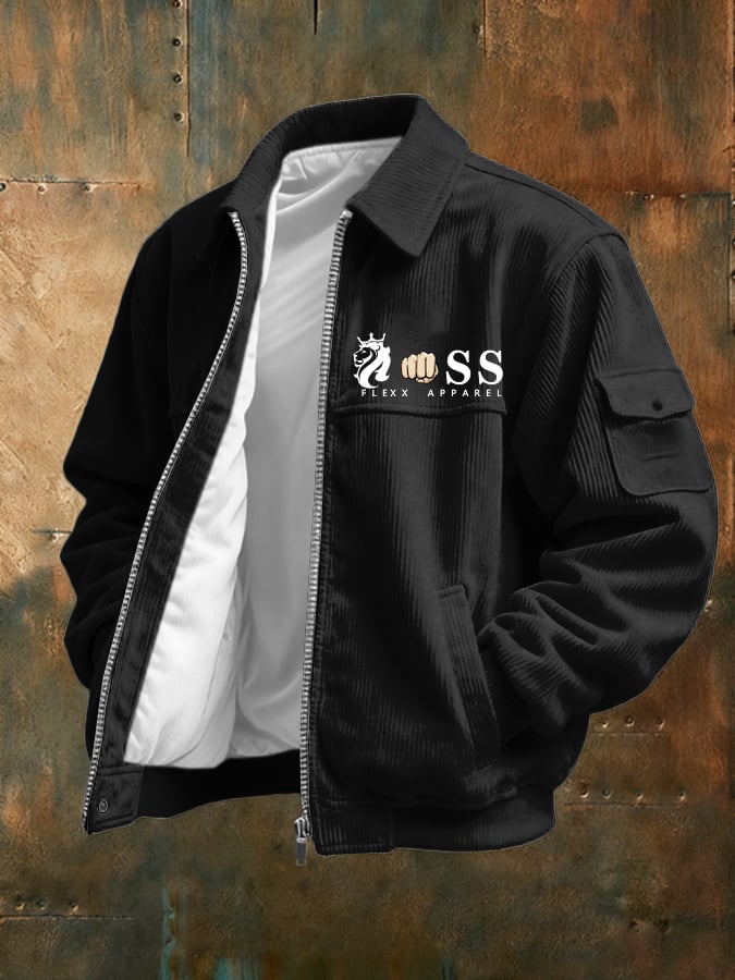 Men's Vintage Letter Design Printed Corduroy Casual Jacket