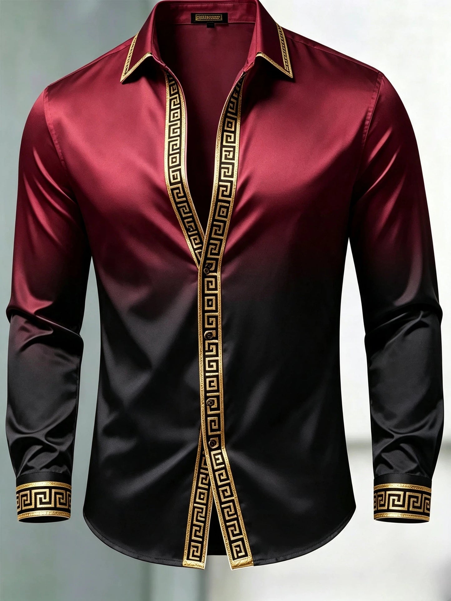 Men's Luxury Glossy Satin Long Sleeve Gradient Burgundy Black Dress Shirt
