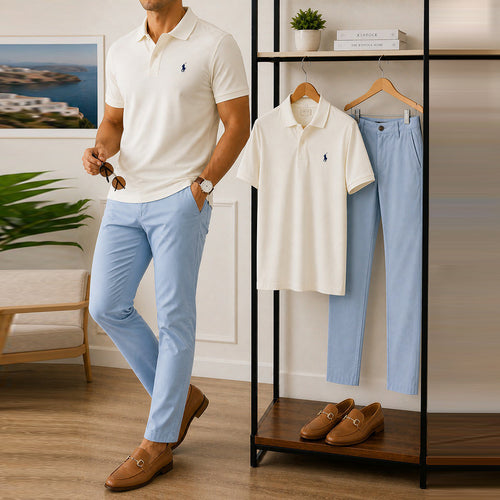 Men's Casual Cream White Embroidered Logo Polo Shirt And Light Blue Pants Two-Piece Set