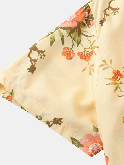 Men's Casual Button Up Holiday 70s Retro Floral Casual Short Sleeve Shirt