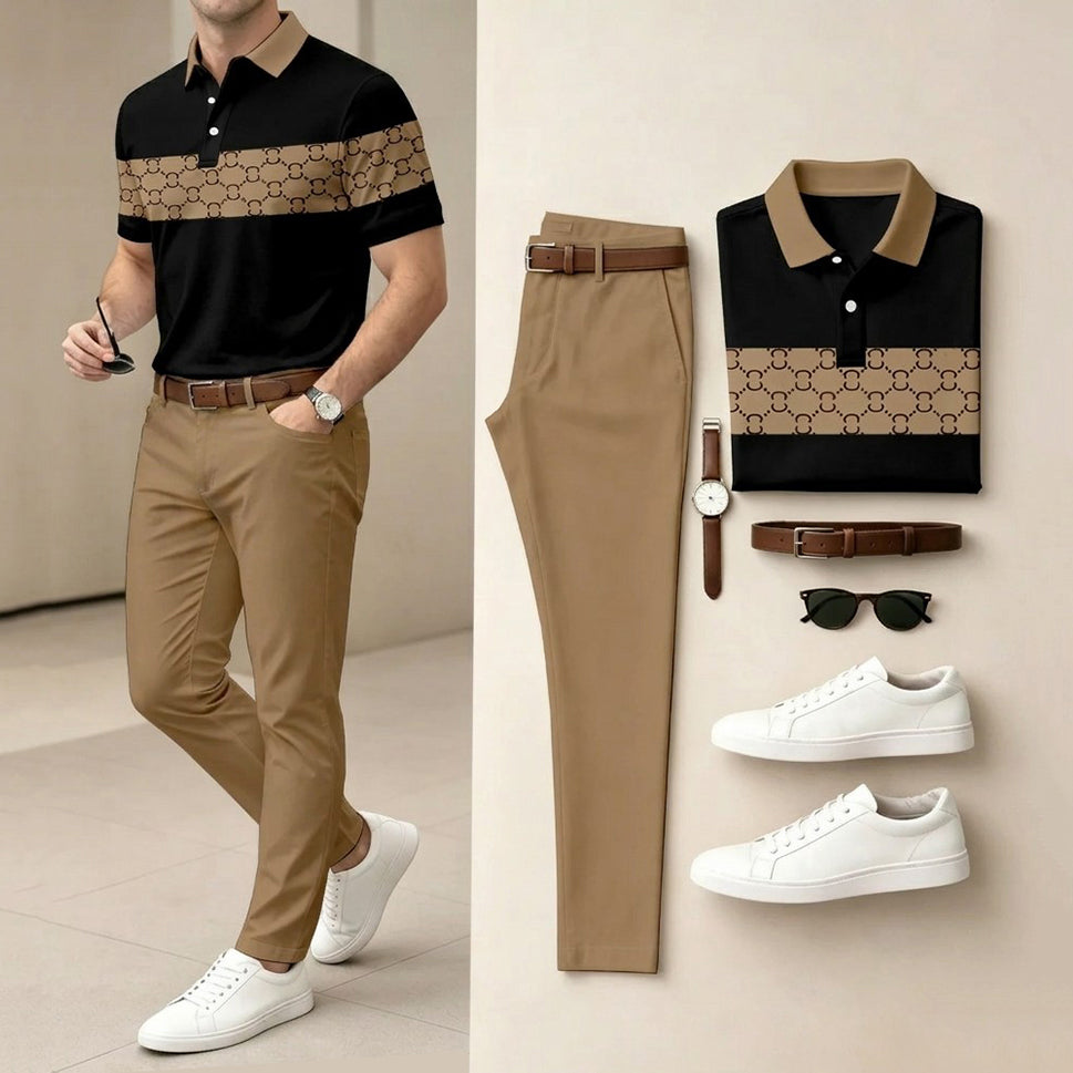 Men's Casual Black & Brown Plaid Printed Polo Shirt And Pants Two-Piece Set