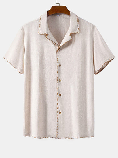 Contrast Stitching Linen Rayon Blend Cuban Shirt