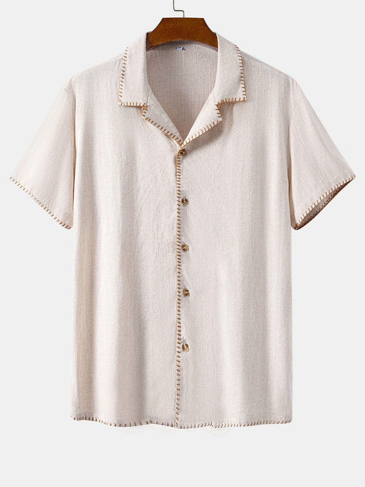 Contrast Stitching Linen Rayon Blend Cuban Shirt