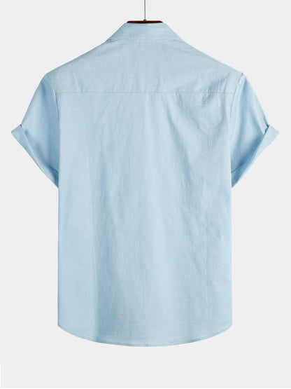 Men's Solid Color Linen Cotton Pocket Casual Short Sleeve Shirt