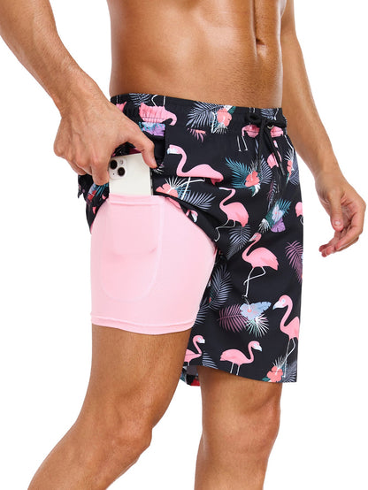 2 In 1 Tropical Flamingo Print Swim Shorts