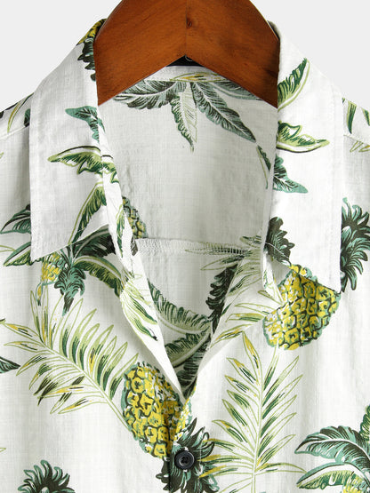 Men's Pineapple Floral Tropical Fruit Cotton Button Up Summer Beach Hawaiian Shirt