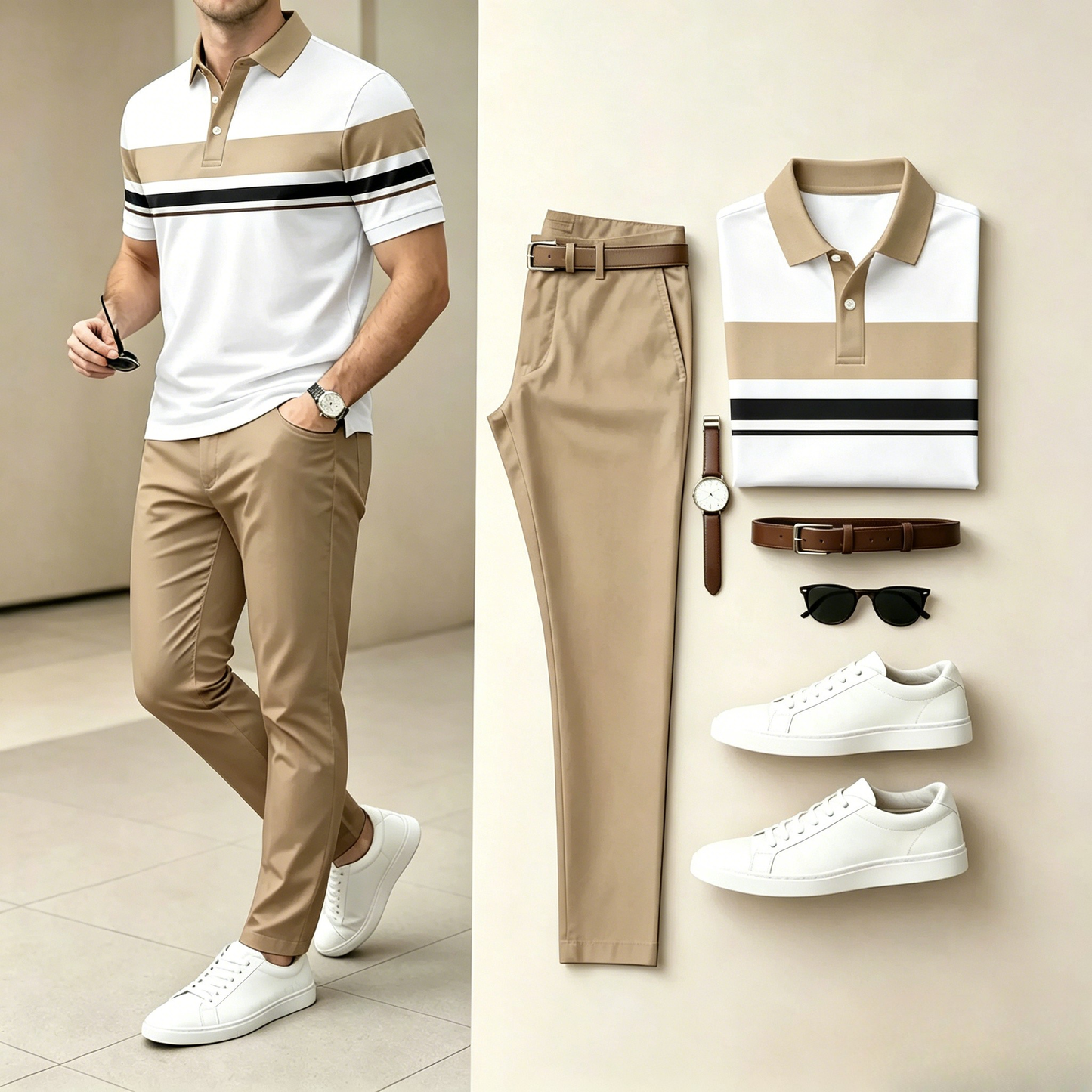 Men's Casual Geometry Printed Polo Shirt And Pants Two-Piece Set