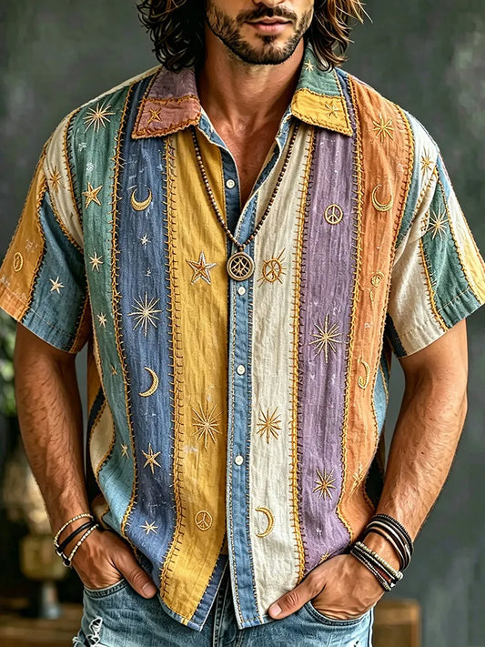 Men's Rainbow Striped Patchwork Button Down Shirt, 3d Embroidery Star Moon Peace Symbol Hippie Celestial Short Sleeve Casual Western Top