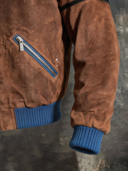 Men's Vintage Denim-Panel Zip-Up Jacket with Lapel Collar