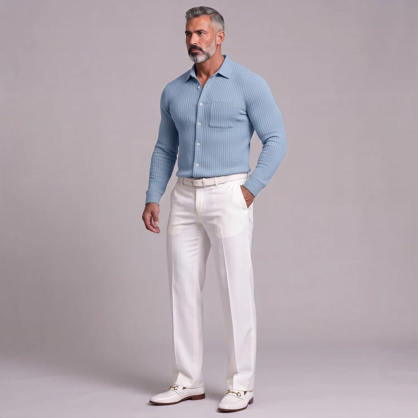 Men's Casual Ribbed Knit Single Breasted Chest Pocket Slim Fit Long Sleeve Shirt