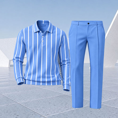 Men's Striped Printed Polo Shirt and Pants Two-Piece Set