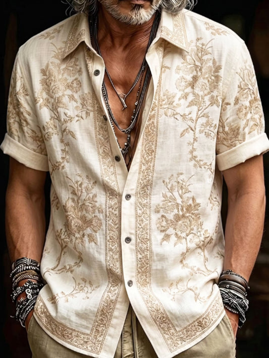 Men's Vintage-style Flowers Print Short Sleeve Shirt