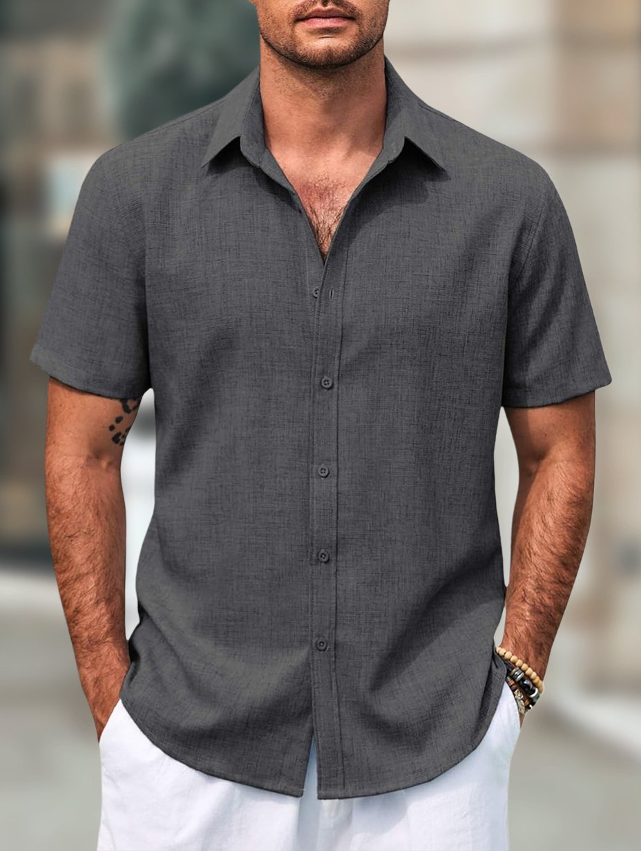 Men's Retro Casual Short Sleeve Faux Linen Lapel Shirt