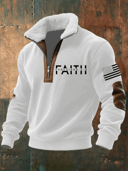 Men's Faith Print Knitted Fabric Zipper Fur Collar Long-Sleeved Sweatshirt