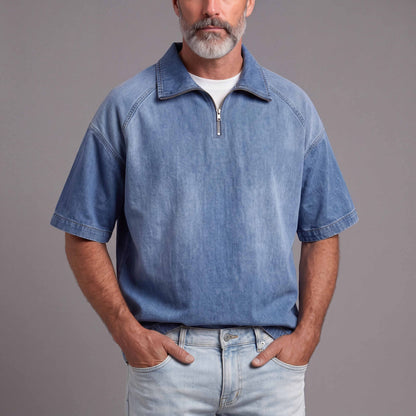 Men's Distressed Denim Short-Sleeve Shirt With Zipper Collar
