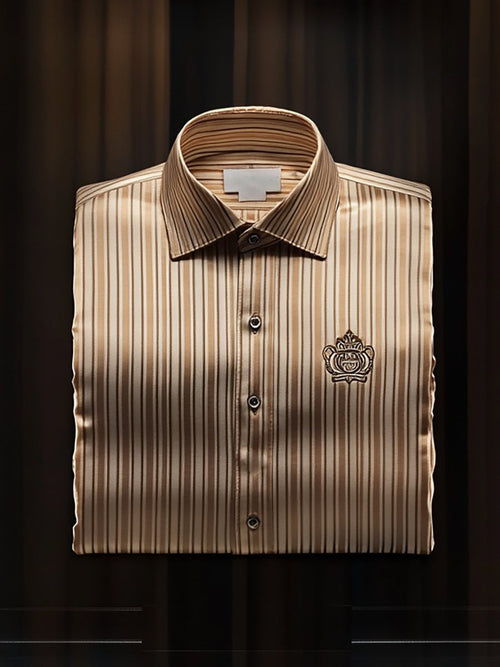 Men's Silk Stripe Luxury Business Long Sleeve Shirt No Bow Tie