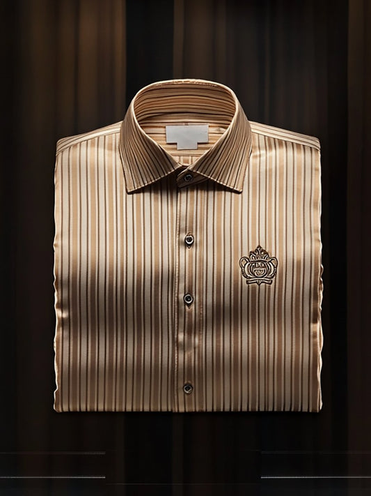 Men's Silk Stripe Luxury Business Long Sleeve Shirt No Bow Tie