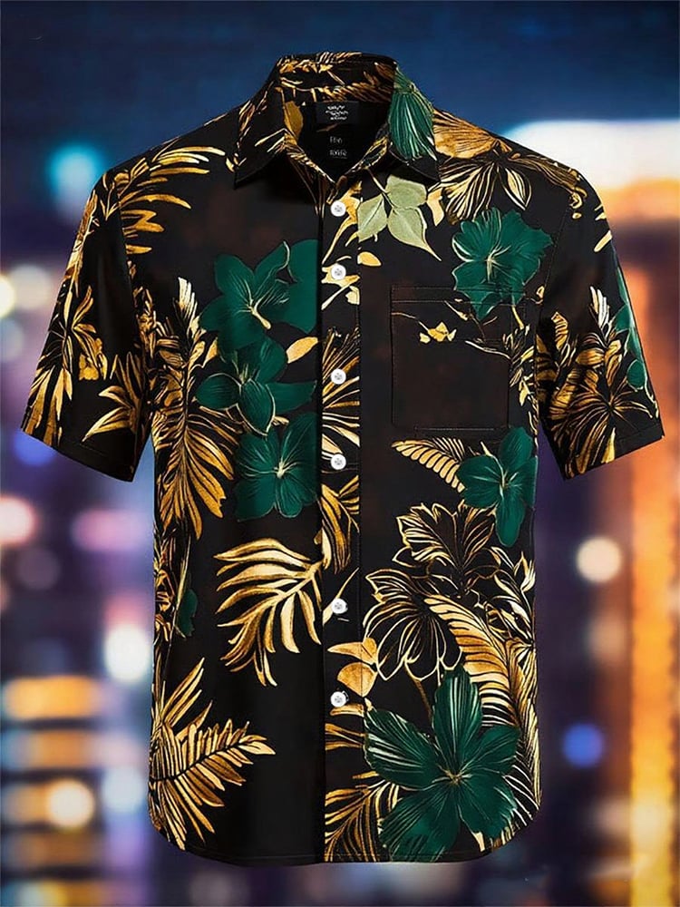 Men's Casual Lapel Floral Pocket Short Sleeve Shirt
