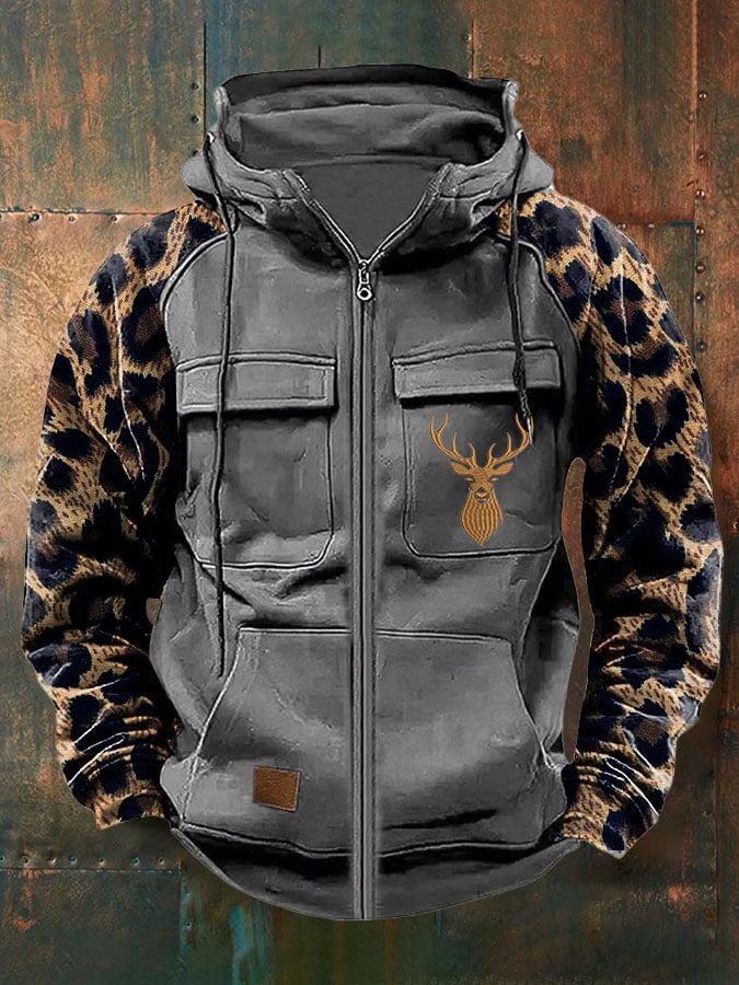 Men's Vintage Western Print Multi-Pocket Jacket